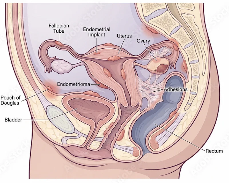 Ilustração anatômica da pelve feminina mostrando implantes de endometriose, endometrioma e aderências próximas ao útero, ovários, bexiga e reto