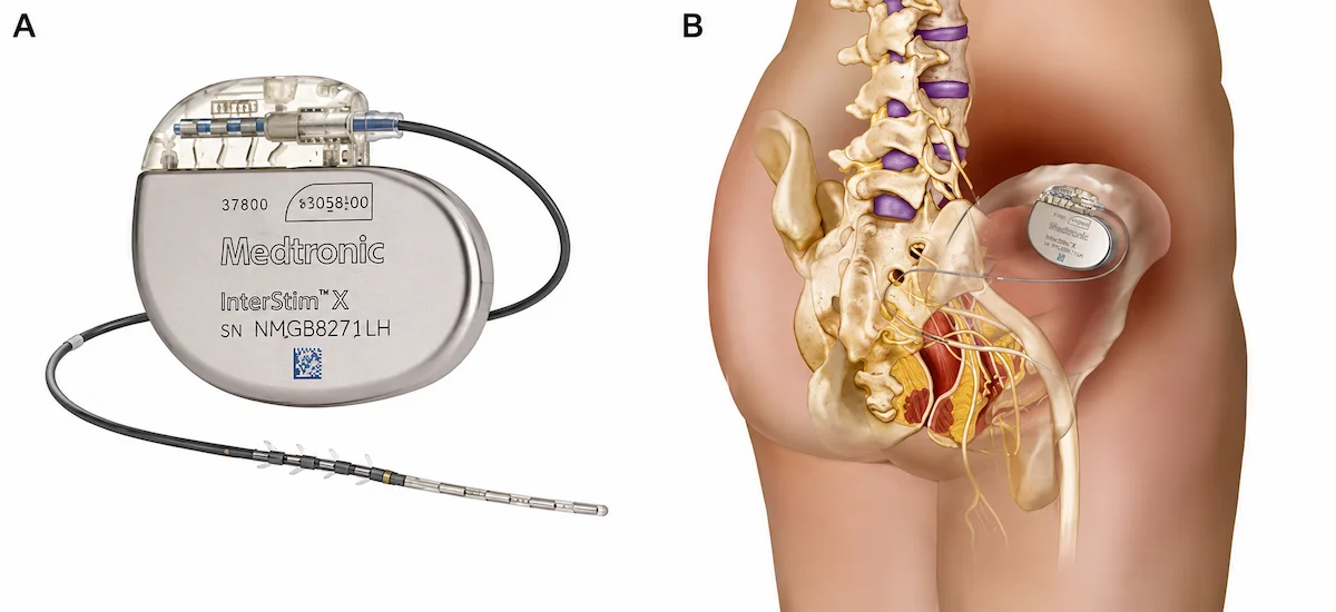 Dispositivo de neuromodulação sacral InterStim e ilustração de seu implante na região pélvica.