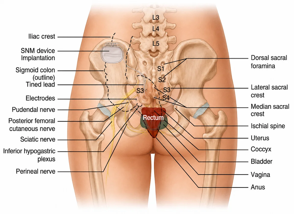 Esquema anatômico da pelve mostrando o implante de neuromodulação sacral e o eletrodo posicionado nos nervos sacrais.