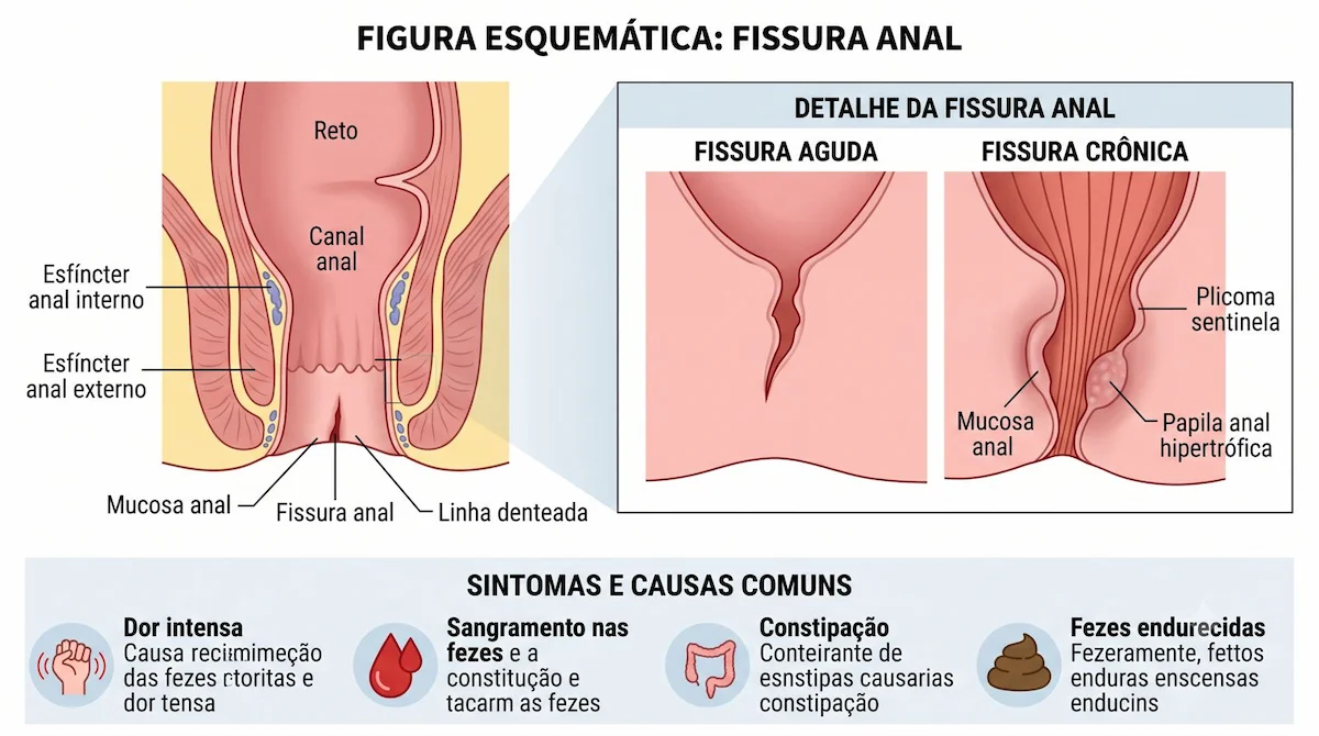 Ilustração médica mostrando fissura anal, com comparação entre fissura aguda e crônica.