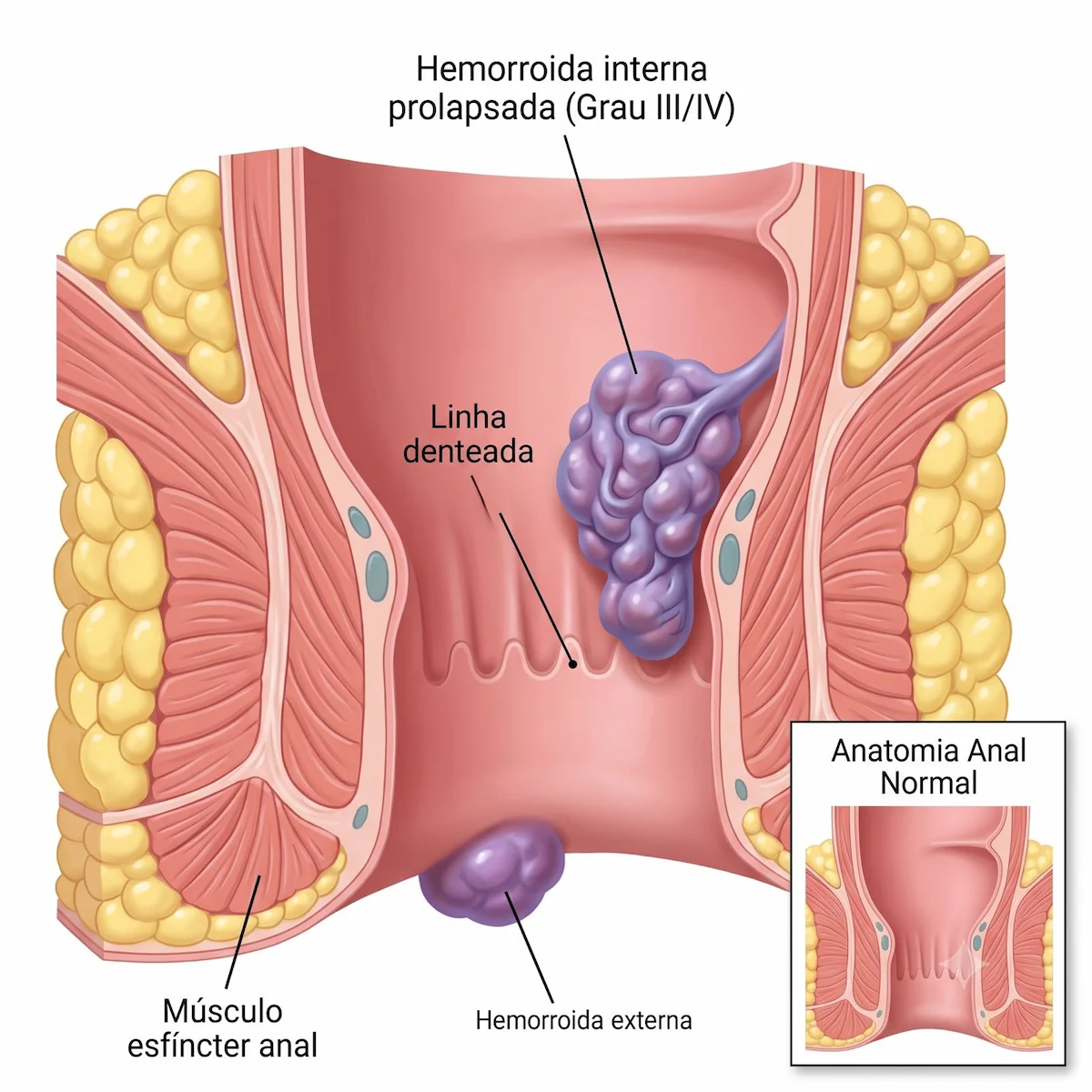 Ilustração médica da região anal mostrando hemorroida interna prolapsada, hemorroida externa e linha denteada