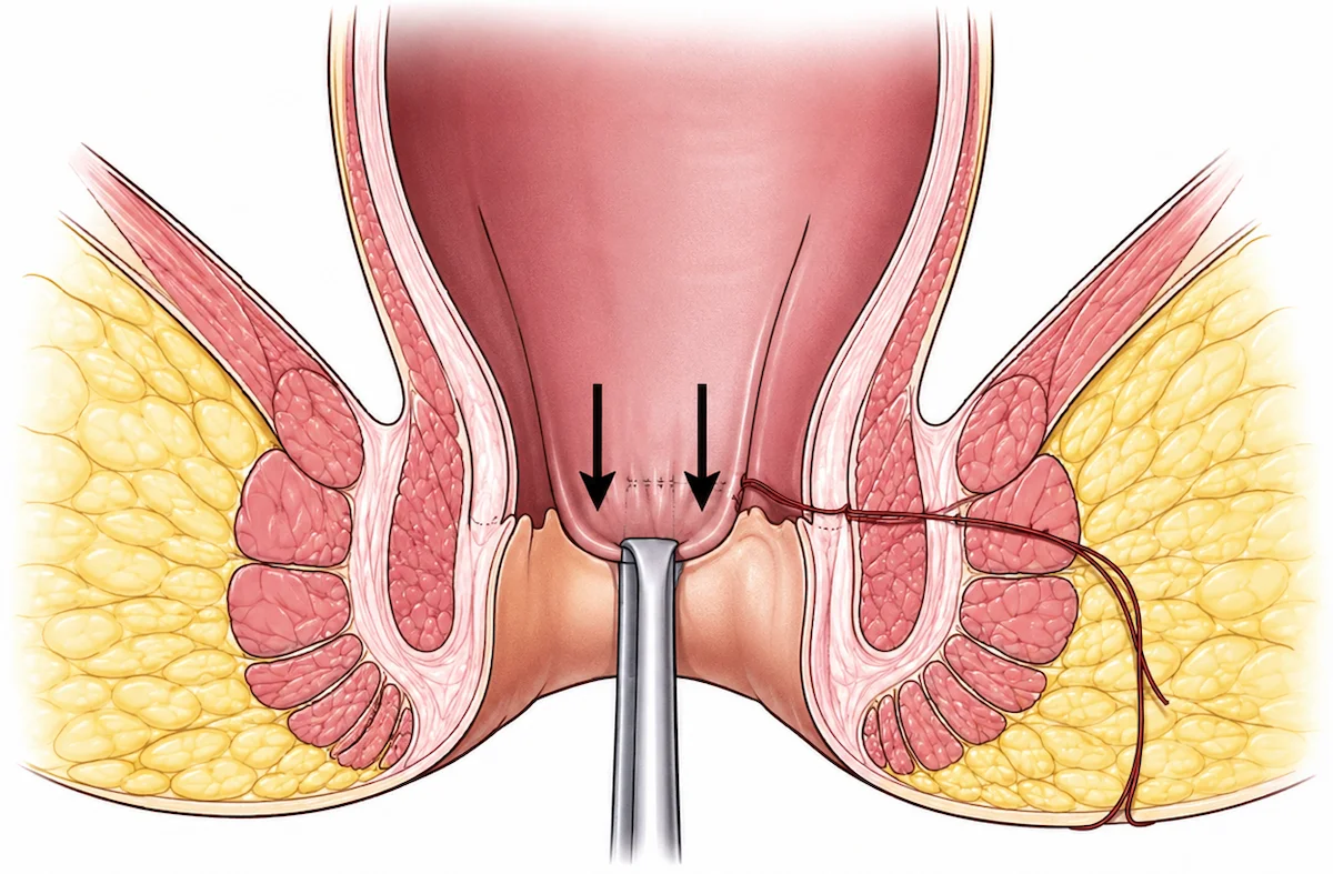 Ilustração médica em corte frontal da região anal e do reto inferior, mostrando um procedimento de ligadura da artéria hemorroidária superior