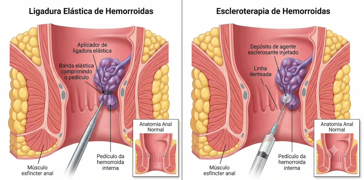Ilustração médica comparando ligadura elástica e escleroterapia no tratamento de hemorroidas internas