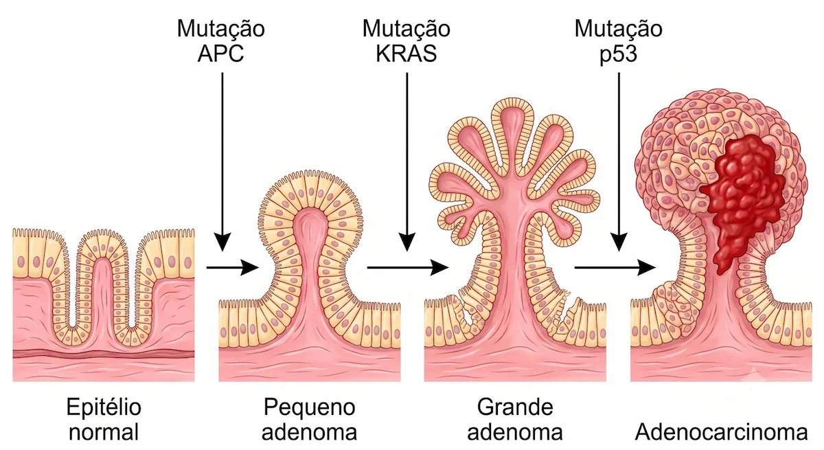 Esquema da progressão do epitélio normal para pequeno adenoma, grande adenoma e adenocarcinoma, associada às mutações nos genes APC, KRAS e p53.