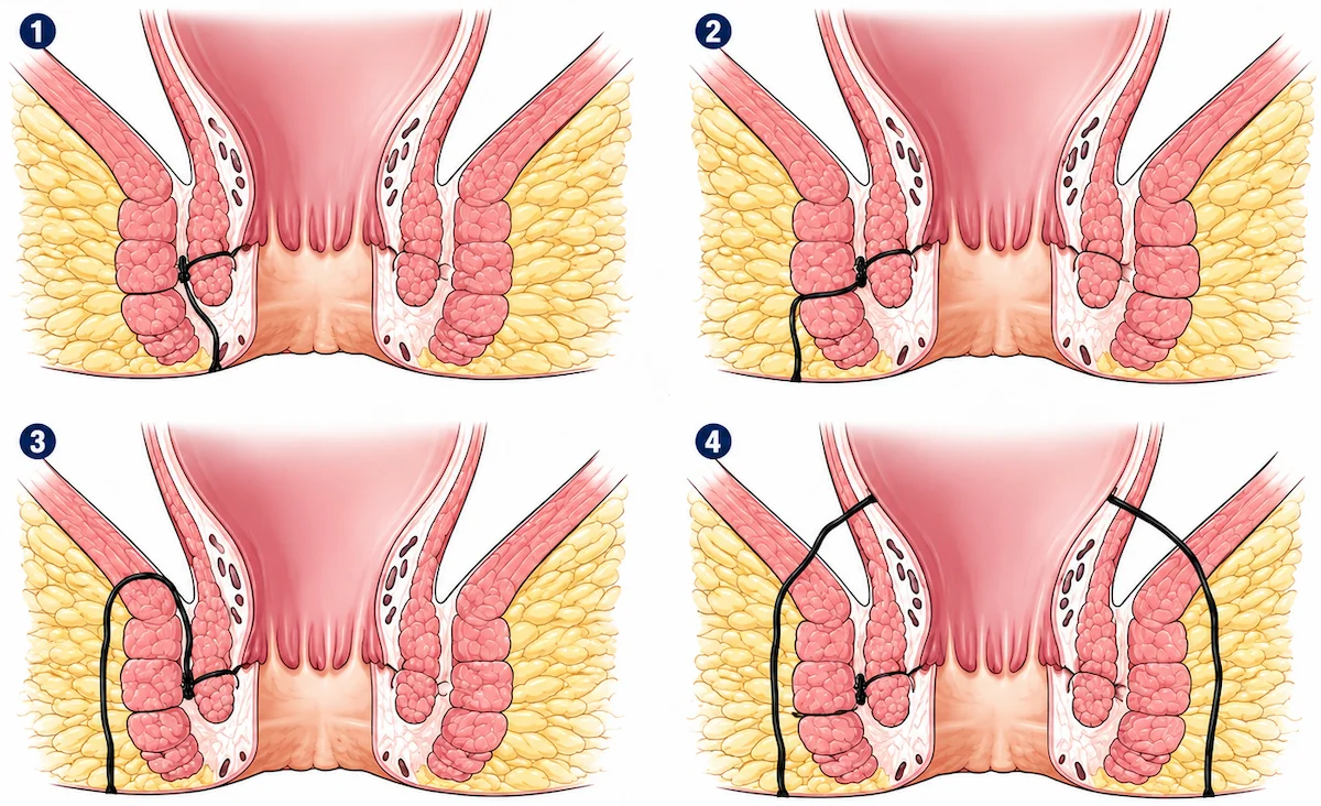 Ilustração médica em quatro etapas mostrando a técnica de ligadura elástica de hemorroidas