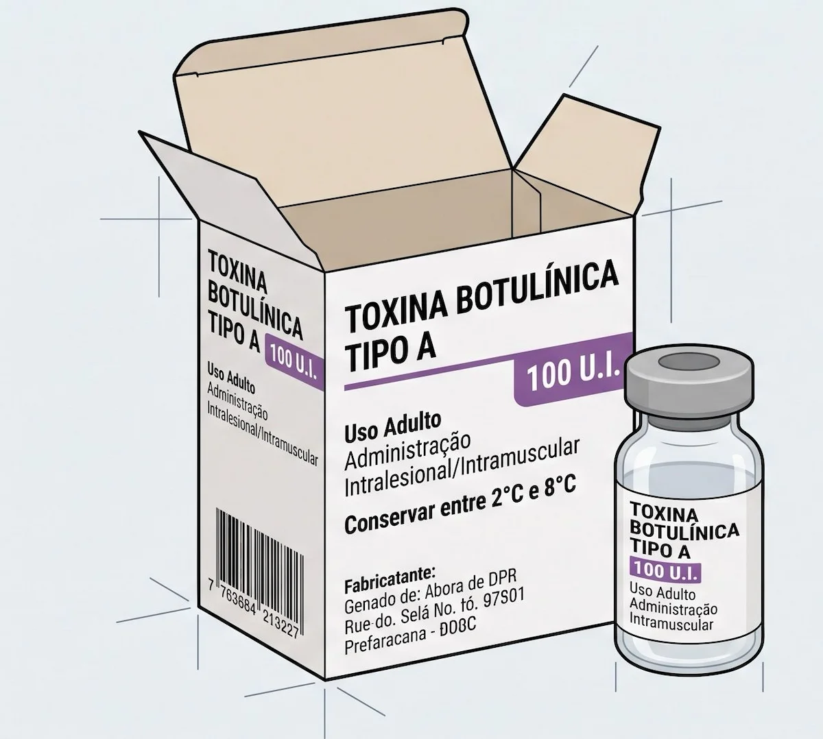 Ilustração de embalagem e frasco de toxina botulínica tipo A 100 U.I. para uso médico.