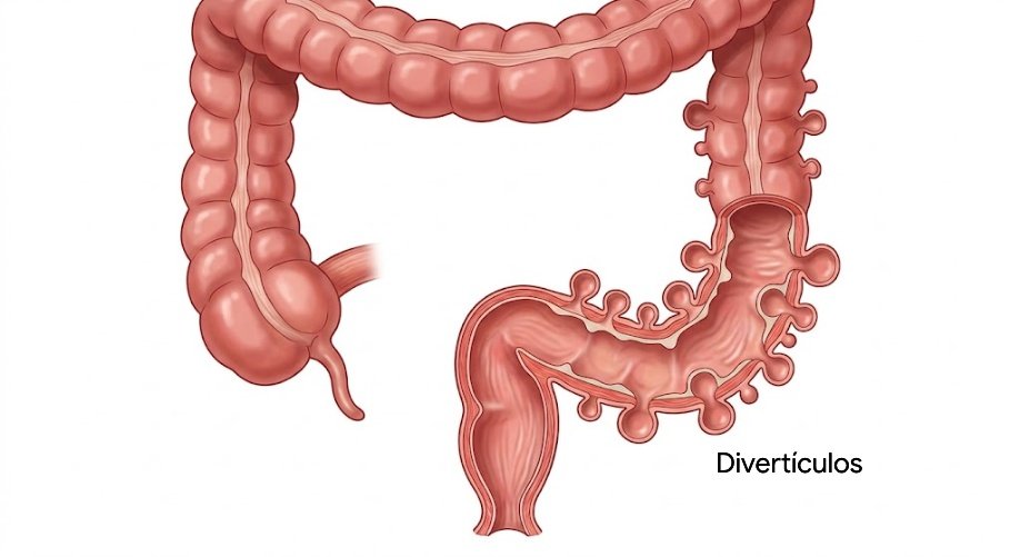 Ilustração do cólon com divertículos — pequenas bolsas na parede do intestino grosso, mais frequentes no cólon sigmoide